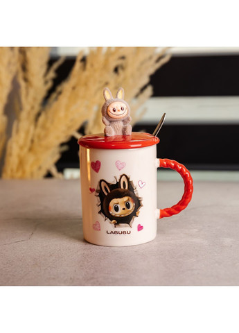 Чашка фарфоровая Labubu 300 мл с крышкой и ложкой, красный Yiwu FM-35D No Brand (368641393)