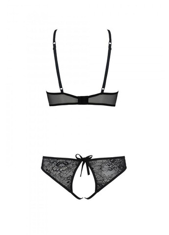 Черный демисезонный комплект ursula set black l/xl: бра, трусики с ажурным декором и открытым шагом Passion