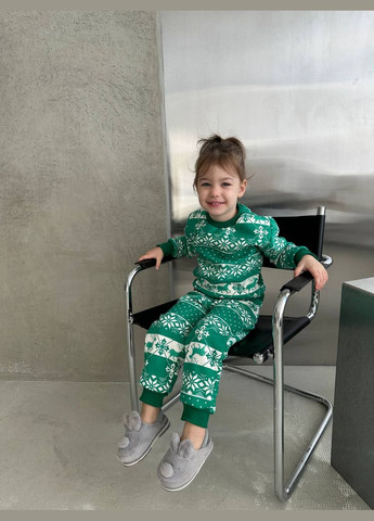 Темно-зелена зимня дитяча піжама тепла з натуральної тканини No Brand