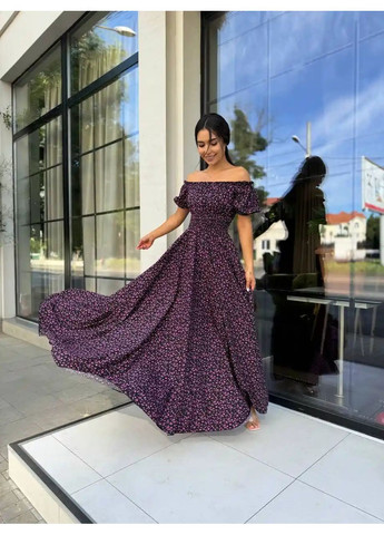 Фіолетова сукня максі в підлогу у рожеву квітку чорного кольору No Brand
