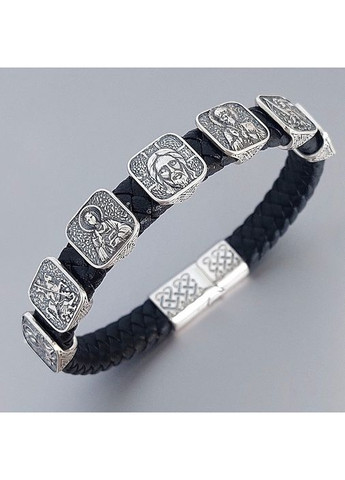 Браслет православный с ликами святых из серебра и кожи No Brand (365280587)