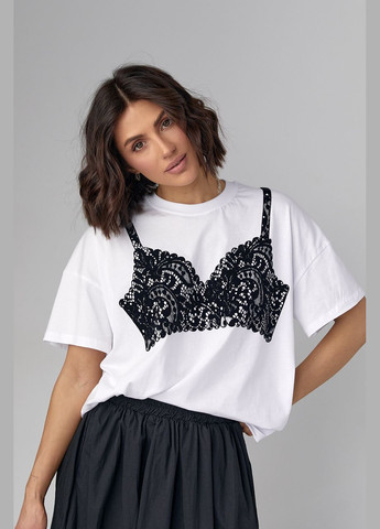 Футболка oversize прикрашена принтом у вигляді мереживного ліфа Liton - (296988247)