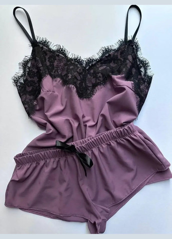 Лиловый демисезонный комплект пижама женская с кружевом 3в1 халат и пижама с майкой, шортами Україна