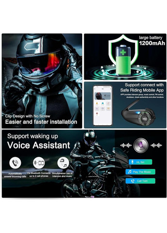 Мотогарнітура Q8, інтерком Bluetooth 1000м з CVC шумозаглушенням, FM, IP67, 1200 мАг акумулятор, з Mesh 3.0 No Brand (346493705)