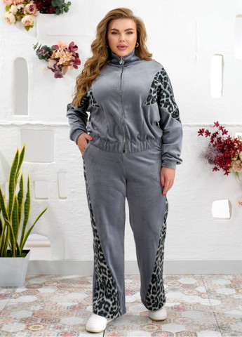 Базовий повсякденний демісезонний велюровий костюм двійка з леопардовими вставками: кофта на блискавці + штани Tik-Tak (363987908)