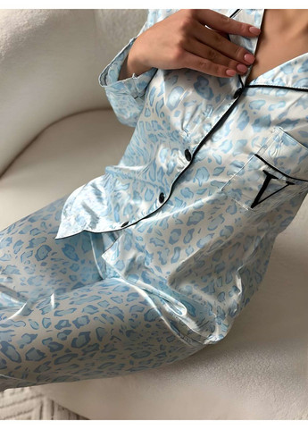 Голубая женская шелковая голубая леопардовая пижама брючная рубашка на пуговицах и брюки No Brand