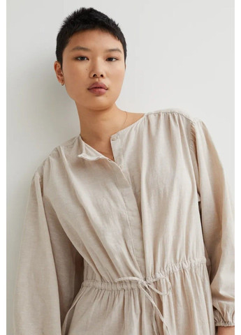 Светло-бежевое повседневный женское льняное платье с длинными рукавами н&м (57208) l светло-бежевое H&M