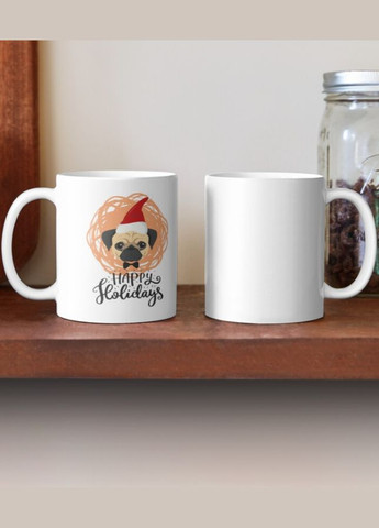 Чашка Керамічна Кружка з принтом Happy holidays Мопс новорічний Біла 330 мл Orca (307501420)