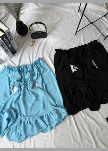 Голубое праздничный, коктейльное, пляжное, повседневный, кэжуал, вечернее платье с воланами на плечи из жатки Vakko однотонное