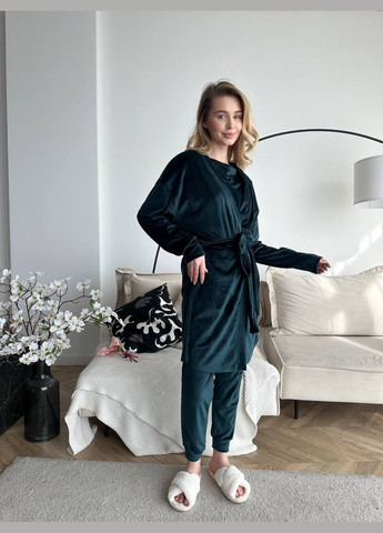 Темно-зеленая всесезон комплект велюровый - халат,футболка,шорты,штаны футболка + шорты + брюки Україна