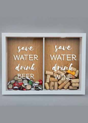 Подвійна рамка копілка "Save water, drink beer and wine" для корків (BDDOUBLE-01) white-brown BeriDari (293509435)