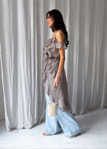 Коричневая блузка с воланами длинная Art Knit