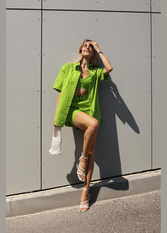 Женский комплект (рубашка, топ, шторты), трэндовый летний лляной костюм, подойдет для встреч и прогулки Intruder (347579775)