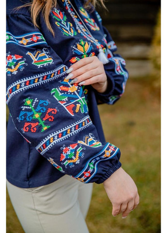 Синя жіноча вишиванка темно-синя з кольоровою гладдю та орнаментом у вигляді птахів і символів, m льон (301034972)