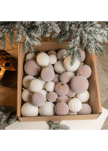 Набір ялинкових іграшок куль SGX "Оксамит" 40 шт. Бежевий. Подарунковий набір новорічних кульок. Кульки на ялинку Yalynkar (366964443)