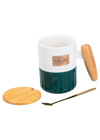 Чашка керамічна 400 мл Vintage з бамбуковою кришкою та ложкою, зелений з білим Happy Life (328603529)