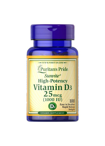 Витамин Д3 Витамин D3 25 мкг 1000 МЕ — 100 софтгель Puritans Pride (285718701)