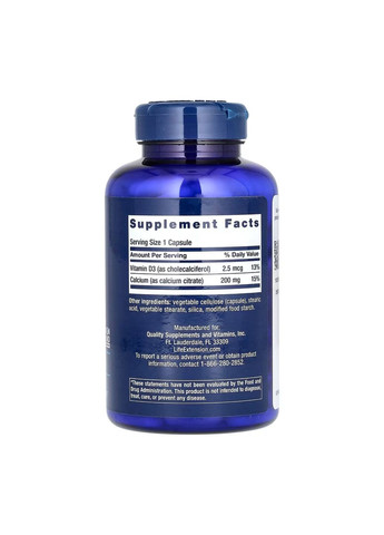 Кальций цитрат с витамином D для здоровья костей 200 капсул без глютена Life Extension (367958157)