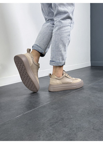 Темно-бежеві жіночі шкіряні кеди темно-бежевого кольору з замшевими вставками на високій підошві для стильного образу (відшив 3 дні) Paradize