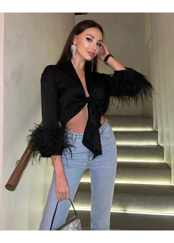 Чорна розкішна шовкова блуза з натуральним пір’ям боа — заміри в описі Vione