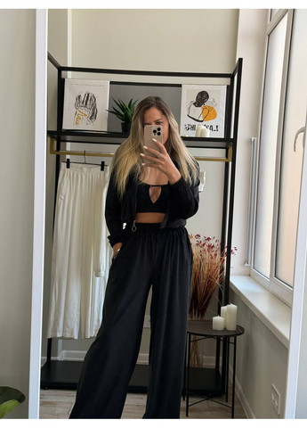 Жіночий спортивний костюм трійка: укорочена кофта, топ та штани палаццо MonCher (360428959)