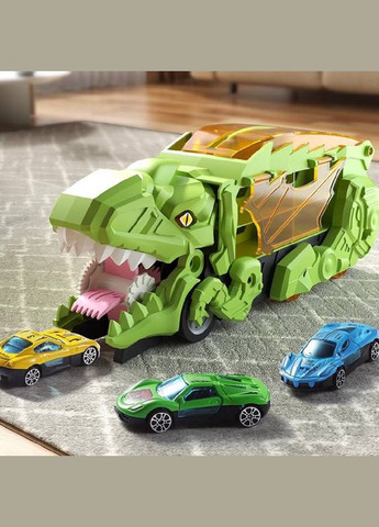 Мега трансформер Дино Y 2126 2 в 1 Трейлер - Автовоз с 3 машинками и барьерными аксессуарами для игры Зеленый Fun Game (327797212)