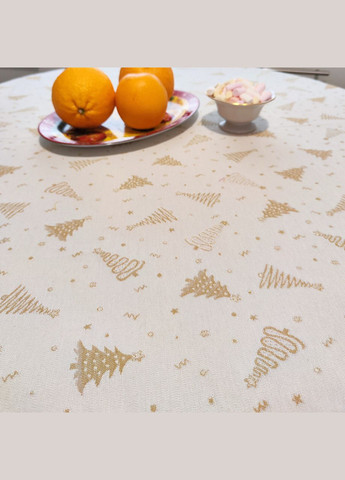 Гобеленова скатертина кругла бежева з золотистою ниткою новорічна святкова скатертина для круглого столу 260 Maystat (306812332)