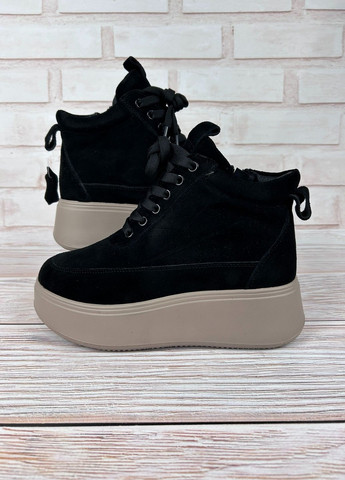 Зимние женские ботинки черные высокие зимние ботинки кожаные на высокой подошве для прогулок Hengji из натуральной замши