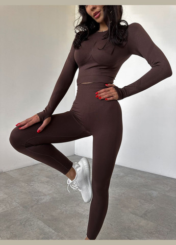 Спортивний жіночий костюм для фітнесу та йоги (рашгард + легінси) з подвійним Push Up V-пояс Шоколад Hot Костюм-двійка (303137053)