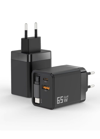 Сетевое зарядное устройство Goethe GaN 65W с выдвижным кабелем USB Type-C и двумя портами USB Type-A USB Type-C No Brand (341526707)