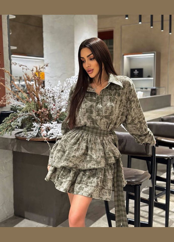 Оливкова (хакі) святковий, кежуал, коктейльна, вечірня жіноча сукня з баскою FINO Mode в клітинку