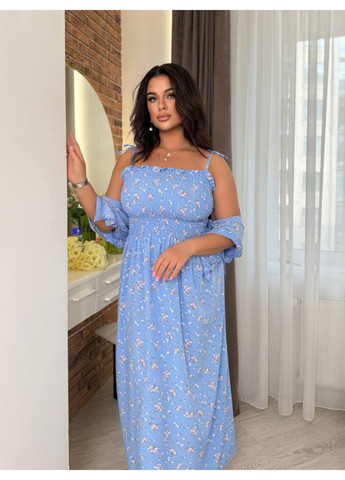 Женский костм: сарафан из блузки в цветочный принт, рубашка на завязках Арт ВЛВ-5418, голубой, размер 56–58 No Brand (355469575)