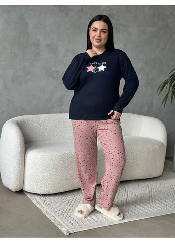 Комбинированная женская пижама plus size темно-синяя с розовыми брюками, мягкий трикотаж / пижама большого размера с принтом звездочки, длинный рукав No Brand