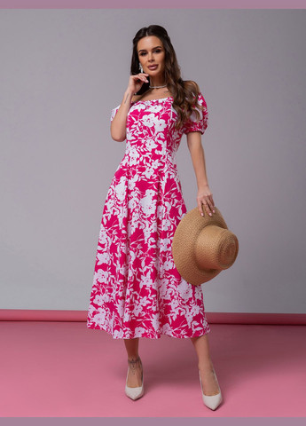 Малиновое повседневный платья с открытыми плечами ISSA PLUS с цветочным принтом