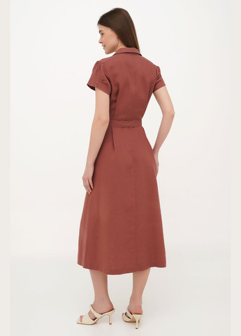 Коричневое современное миди платье-халат из льна на пуговицах с воротником и поясом джейн. коричневый, р.42, код 0455/42/603 ГАЛЕРЕЯ ЛЬОНУ