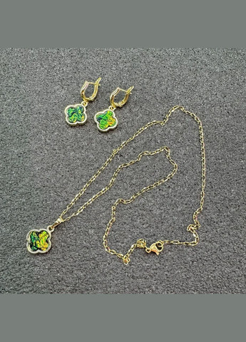 Набір Сережки+Кулон Конюшина зелена емаль 14*17 мм, фур-ра гіп-ний сплав колір золото No Brand сережки+кулон (303932744)