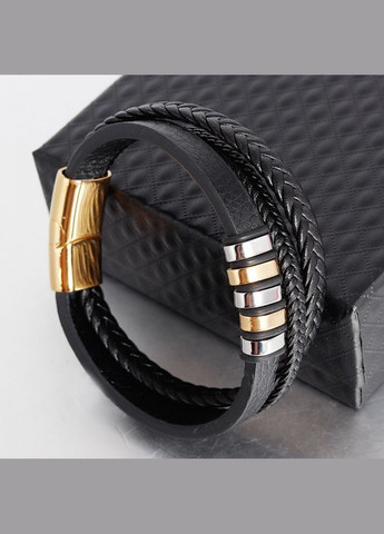 Мужской кожаный браслет, черный с золотыми вставками. No Brand (328251254)
