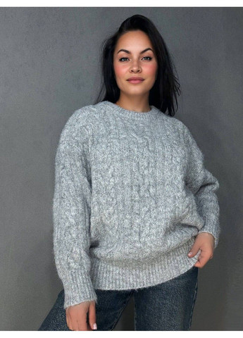 Светло-серый демисезонный свитер женский a-n 3324 оверсайз крупная вязка букле косы длинный one size No Brand