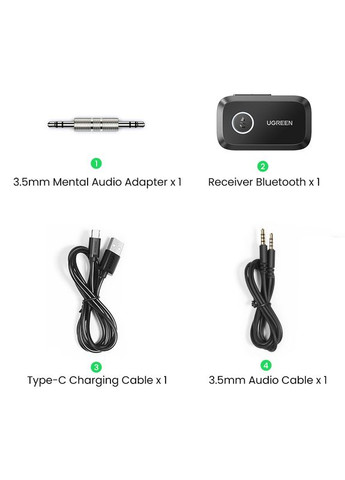 Bluetooth 5.3 приемник CM596 с 3.5 mm AUX выходом и микрофоном для магнитолы, колонок (90748) Ugreen (300523719)