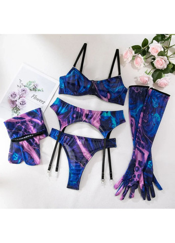 Синій демісезонний мереживний комплект із поясом, панчохами та рукавичками. мереживна спідня білизна. синя жіноча білизна No Brand