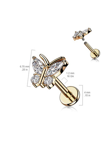 Сережка мікролабрет "Метелик" для пірсингу Монро або хряща вуха LIA19-1606-RDC зі сталі (Золотистий 6мм) Spikes (333342392)