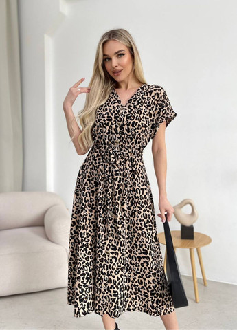 Светло-бежевое повседневный платье с леопардовым принтом на пуговицах рубашка No Brand леопардовый