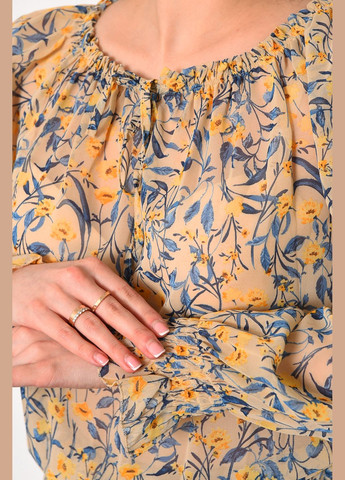 Бежева демісезонна блуза жіноча з квітковим принтом бежевого кольору з баскою Let's Shop