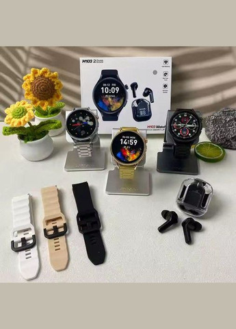 Набор M103 Смарт часы круглые серые с 2 ремешками беспроводные наушники комплект на подарок No Brand (341309893)