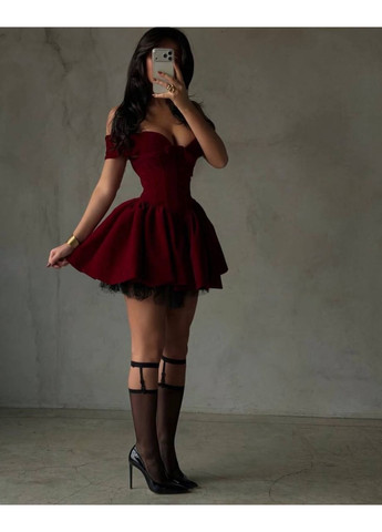 Бордова кежуал жіноча коктейльна сукня з корсетним верхом та розкльошеною спідницею No Brand однотонна
