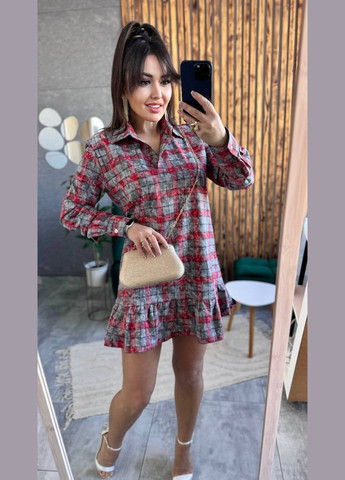 Серо-красное повседневный женское мини платье в клетку с съемной баской с баской Україна в клетку