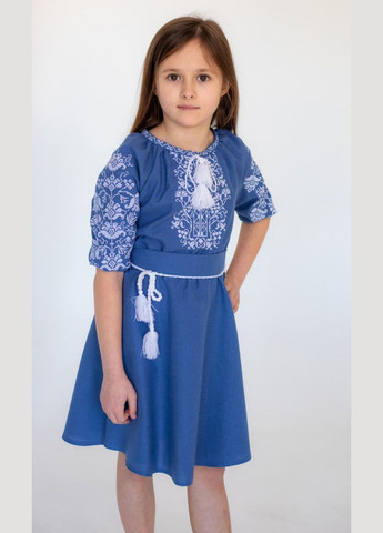 Синяя вышитое платье для девочки vishivano4ka 817-7 узор цветочный хлопок, полиэстер (322565871)