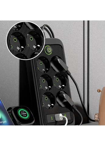 Сетевой удлинитель 6 розеток + USB-A/C, 3 м, 2500W, черный No Brand 1222/VEN (391094558)