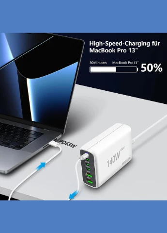 Зарядний пристрій USB C, блок живлення 140 Вт 6-портовий ( ) DOODBI (302310168)