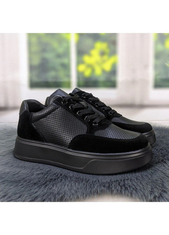 Кроссовки женские кожаные с перфорацией Hengji чёрные демисезоны (294050624)